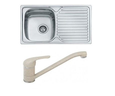 Кухненска мивка EcoSink Еклипс, С включен смесител Ferro Freya Sand, 80x48x18, За вграждане, Спрей-душ функция, Анти-абразивно п