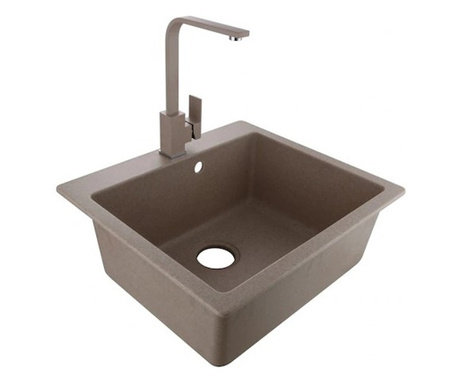 Комплект Inter Ceramic, гранитна мивка, смесител, 57х57x22см, пясъчен цвят, със сифон
