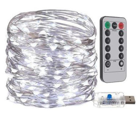Instalatie luminoasa, alb-rece, 8 moduri iluminare, alimentare USB, cu telecomanda si temporizator, interior-exterior, IP44, 300