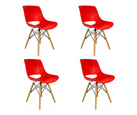 Skandináv stílusú székek, PP, fa, max 100 kg, piros, 4 db-os készlet, 45x55x78 cm, Lars