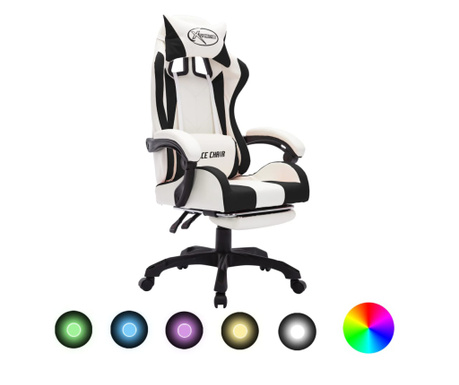 Геймърски стол RGB LED осветление черно/бяло изкуствена кожа