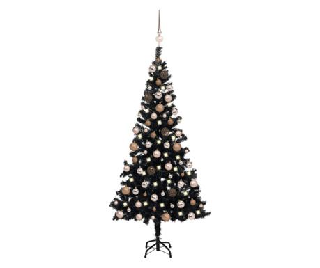 fekete PVC műkarácsonyfa LED-fényekkel és gömbszettel 120 cm