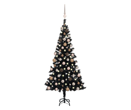 fekete PVC műkarácsonyfa LED-fényekkel és gömbszettel 150 cm