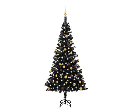 fekete PVC műkarácsonyfa LED fényekkel és gömbszettel 150 cm