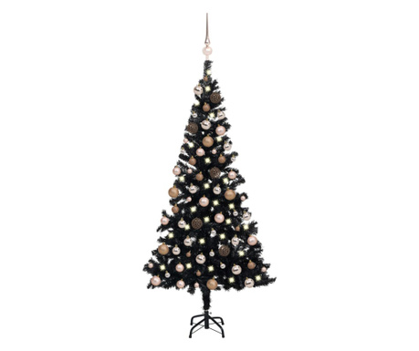 fekete PVC műkarácsonyfa LED-fényekkel és gömbszettel 180 cm