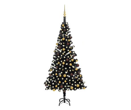 Set brad Crăciun artificial cu LED-uri&ampgloburi negru 210 cm PVC