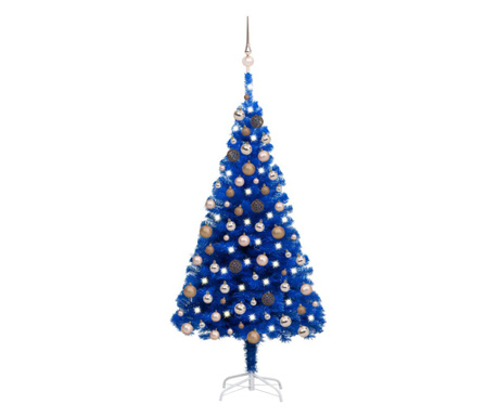 kék PVC műkarácsonyfa LED-fényekkel és gömbszettel 180 cm