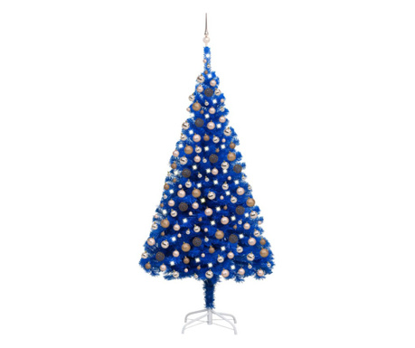 kék PVC műkarácsonyfa LED-fényekkel és gömbszettel 210 cm