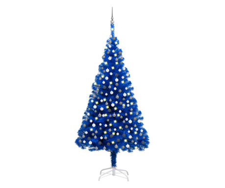 Set pom Crăciun artificial LED-uri&ampgloburi albastru 210cm PVC