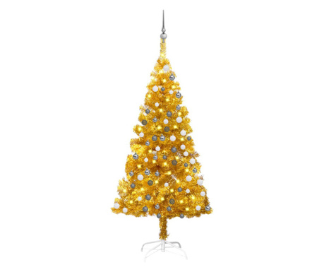 aranyszínű PET műkarácsonyfa LED-ekkel és gömbszettel 120 cm