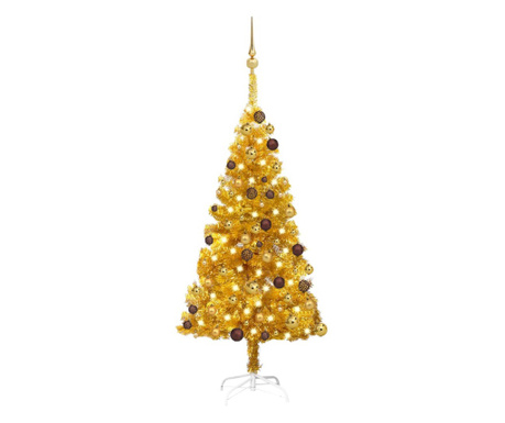 aranyszínű PET műkarácsonyfa LED-ekkel és gömbszettel 120 cm