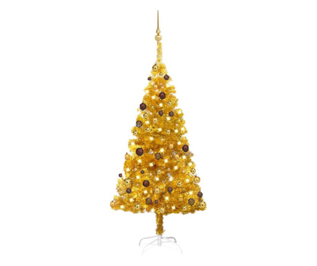 aranyszínű PET műkarácsonyfa LED-ekkel és gömbszettel 150 cm