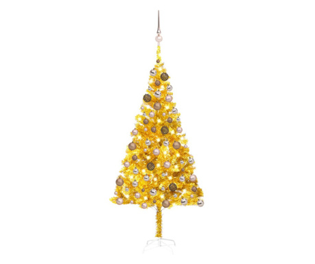 aranyszínű PET műkarácsonyfa LED-ekkel és gömbszettel 180 cm
