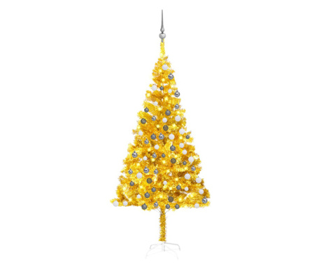 Brad de Crăciun artificial cu LED/globuri auriu 180 cm PET