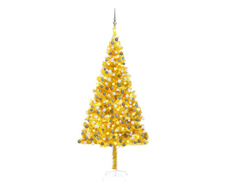 aranyszínű PET műkarácsonyfa LED-ekkel és gömbökkel 210 cm