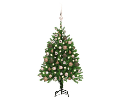 zöld műkarácsonyfa LED-ekkel és gömbszettel 120 cm