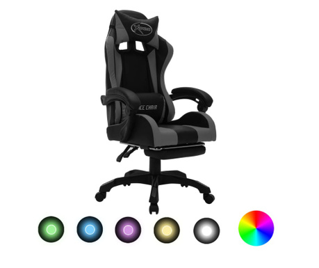 Геймърски стол RGB LED осветление сиво/черно изкуствена кожа