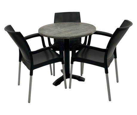 Set 3 scaune SUNSET negre si masa rotunda D70cm Raki Old Pine cu blat werzalit si picior metalic negru