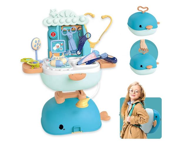 Jucarie de rol, trusa de doctor 4 in1 tip rucsac, geanta si birou "Balena Minunata", 39 accesorii incluse, portabil, bleu