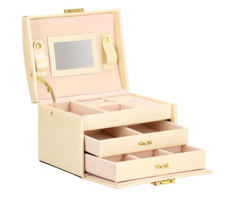 Кутия за бижута, MDF, екологична кожа и велур, кремаво и розово, с огледало, 17.5x14x12.5 см, Springos