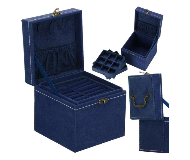 Кутия за бижута, велур, синя, 12x12x12 см, Springos