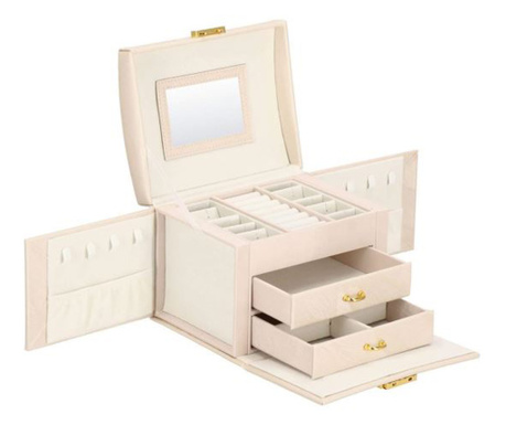 Кутия за бижута, МДФ и кожа, кремава, с огледало, 18x14x13.5 см, Springos