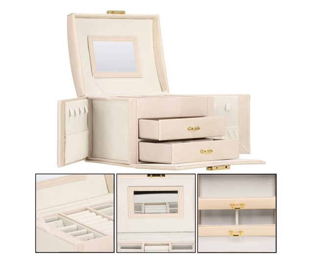 Кутия за бижута, МДФ и кожа, кремава, с огледало, 18х14х13.5 см, Спрингос