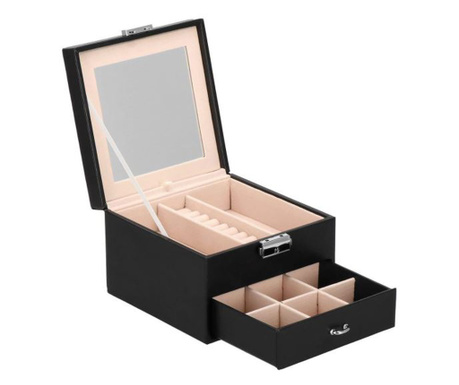 Кутия за бижута, велур и екологична кожа, черно и розово, с огледало, 16x16x11 см, Springos