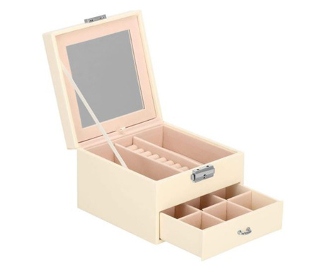 Кутия за бижута, велур и екологична кожа, кремаво и розово, с огледало, 16x16x11 см, Springos