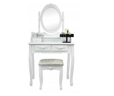 Öltöző/sminkasztal, fehér, tükörrel, 2 fiókkal és székkel, 74x40x143 cm