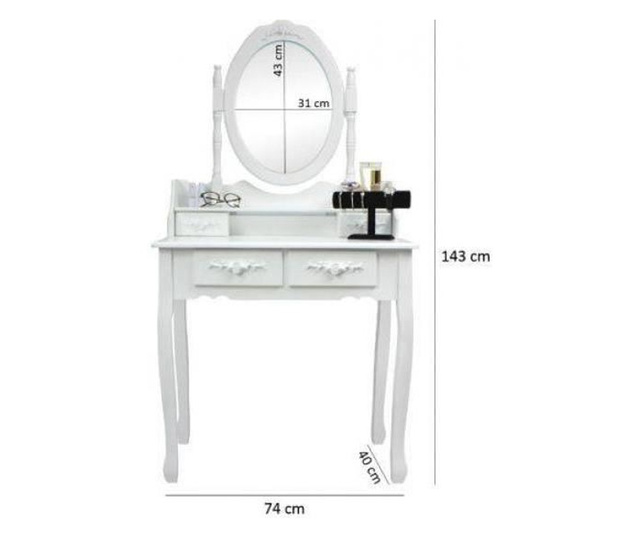 Fésülködőasztal/smink, fehér, tükörrel, 2 fiókkal és székkel, 74x40x143 cm