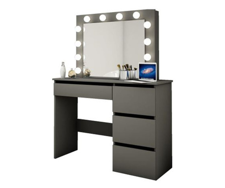 Fésülködőasztal/smink, fekete, tükörrel és LED-ekkel, 94x43x141 cm