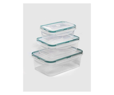 Комплект от 3 правоъгълни кутии Mercaton®, за храна, със странични дръжки и херметичен капак, прозрачни