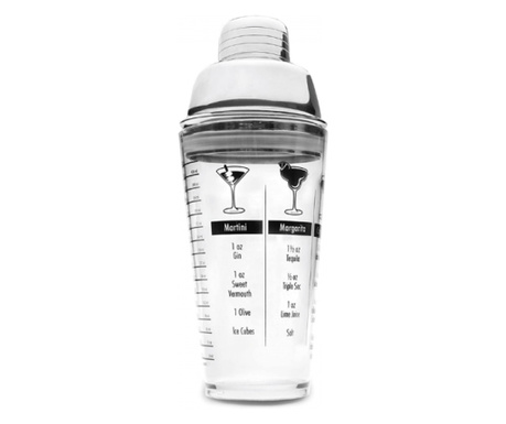 Shaker transparent pentru cocktailuri cu retetar de bauturi, 450 ml