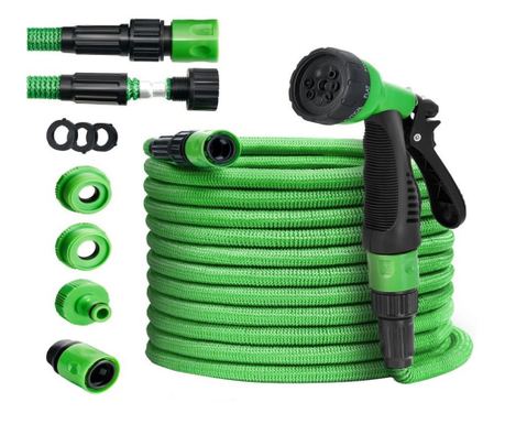 Set furtun extensibil pana la 7.5 m, flexibil, duza multifunctionala in 9 trepte cu accesorii incluse, verde