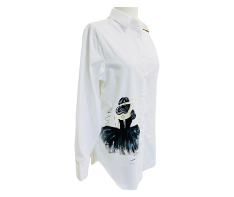 Camasa pictata manual "Balerina cu rochie neagra", alb, L