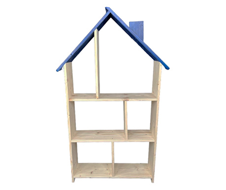Casuta biblioteca din lemn cu organizator in 3 etaje si suport pentru creioane, 138x70x18 cm, albastru, buz