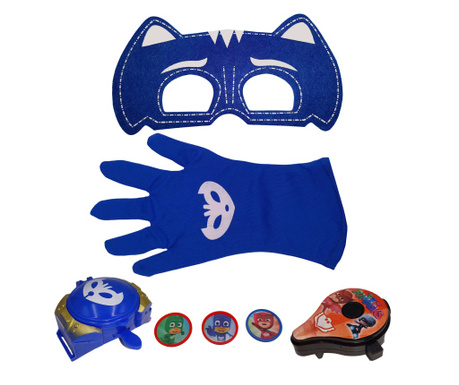 IdeallStore® Комплект ръкавици и аксесоари за героите на пижамата, Лидер Коте, универсален размер, син