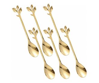 6 teáskanál Pufo levél kávéhoz, tea, desszert, acél, levél alakú fogantyú, arany, 13 cm