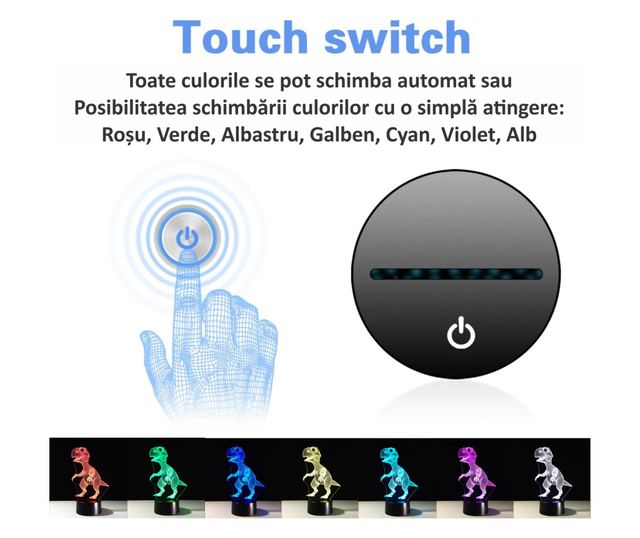 Lampa De Veghe 3D LED Dinozaur, FizioTab Light, 7 Culori, Lumina Ambientala, Alimentare USB