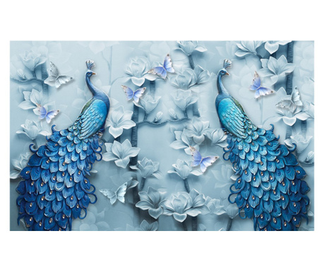Fototapet Pauni, flori, fluturi albastre, 250 x 150 cm