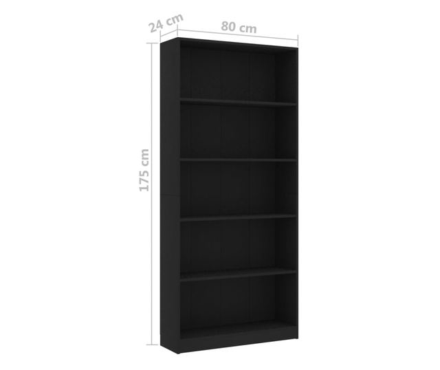 5-szintes fekete forgácslap könyvszekrény 80 x 24 x 175 cm