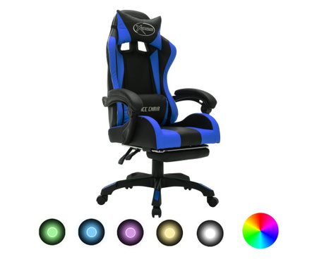 Scaun de jocuri cu LED RGB, albastru și negru, piele ecologică