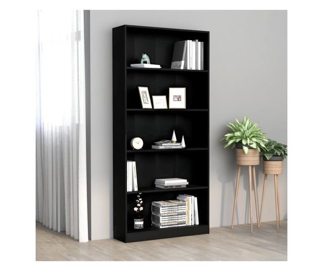 5-szintes fekete forgácslap könyvszekrény 80 x 24 x 175 cm