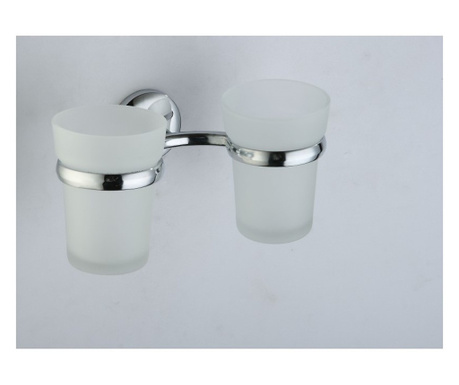 Двойна поставка за четка за зъби Inter Ceramic Алба ICA 9068, Хром, Цинкова сплав и стъкло, Стенна, За баня