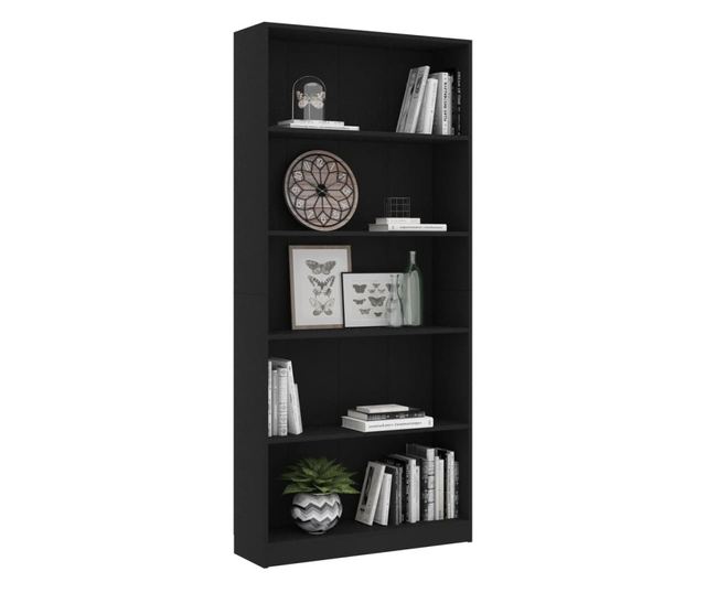 5-szintes fekete forgácslap könyvszekrény 80 x 24 x 175 cm