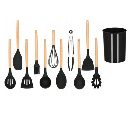 Комплект кухненски прибори, силикон и бамбук, черен, 12 части, Springos