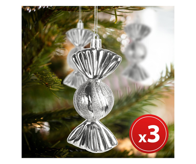 Karácsonyfadísz szett - szaloncukor - akasztóval - ezüst - 11 x 4 cm