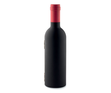 Комплект аксесоари за вино Setti, стопер, тирбушон, пръстен, Кутия във формата на бутилка, Черен
