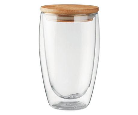 Стъклена чаша за път Tirana, боросиликатно стъкло, двустенна, бамбуков капак, 450мл.